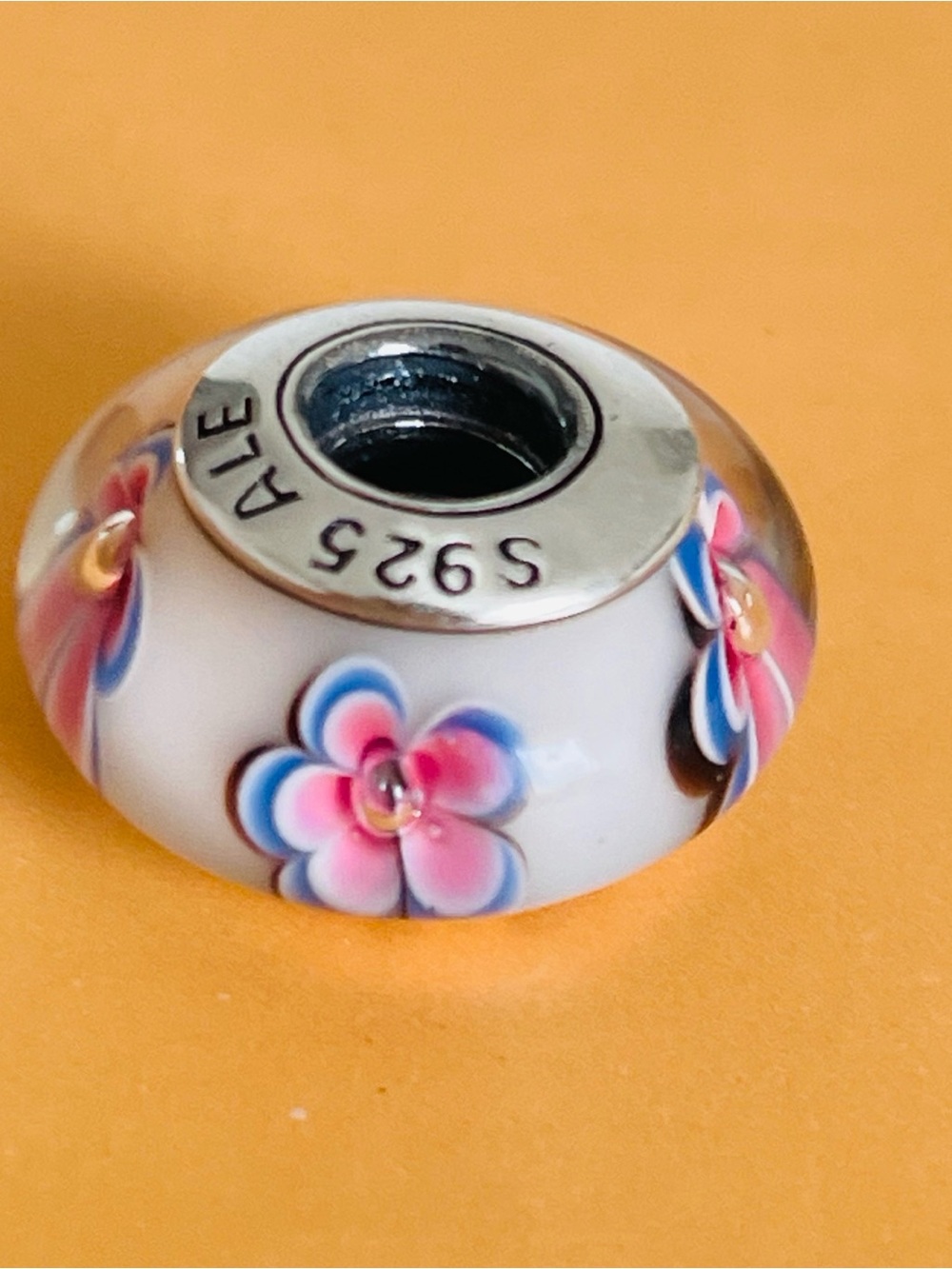 Pandora S925 White Glass Flower Bead Charm with Pink & Blue Accents